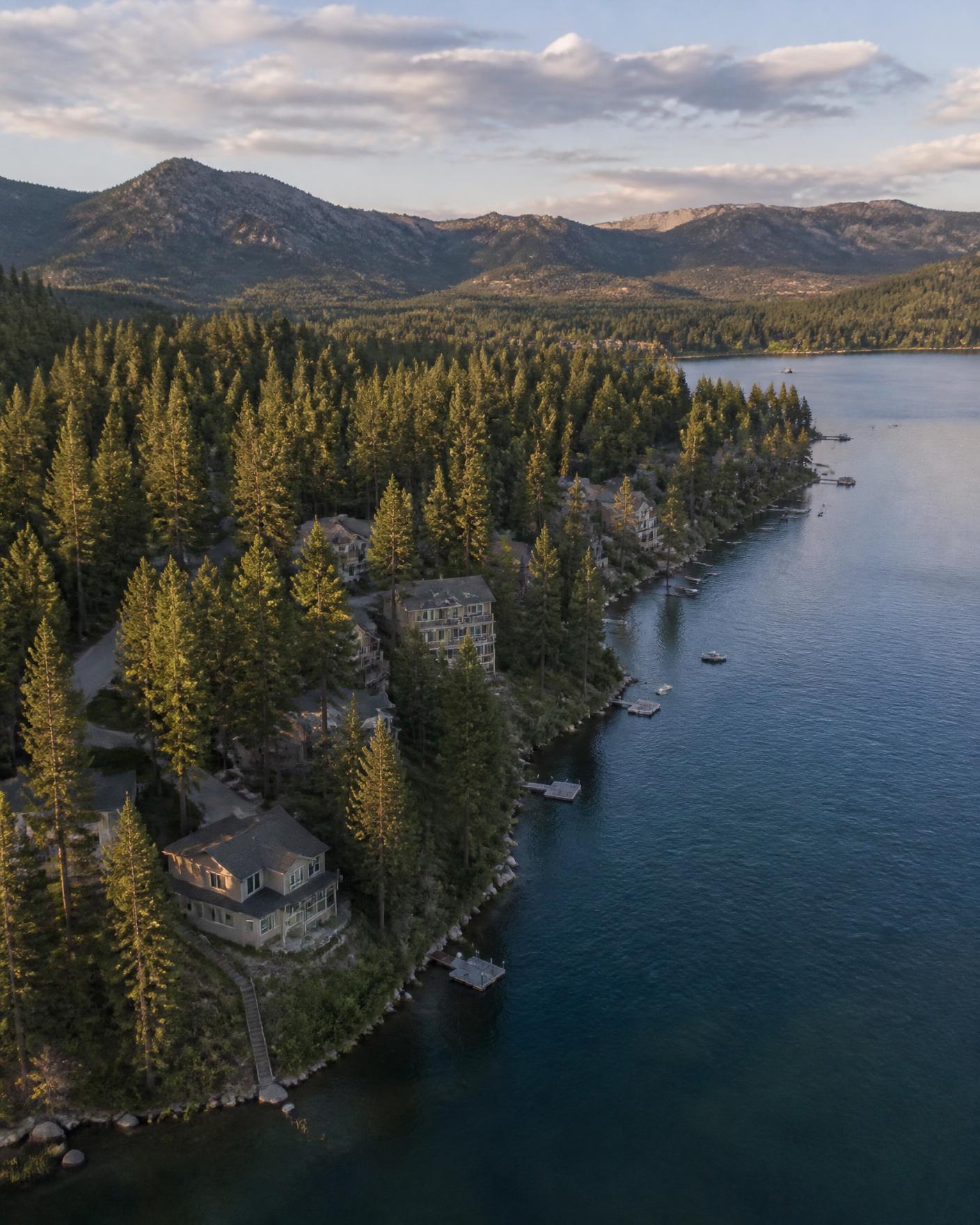 Aerial view of a lakeside neighborhood surrounded by pines