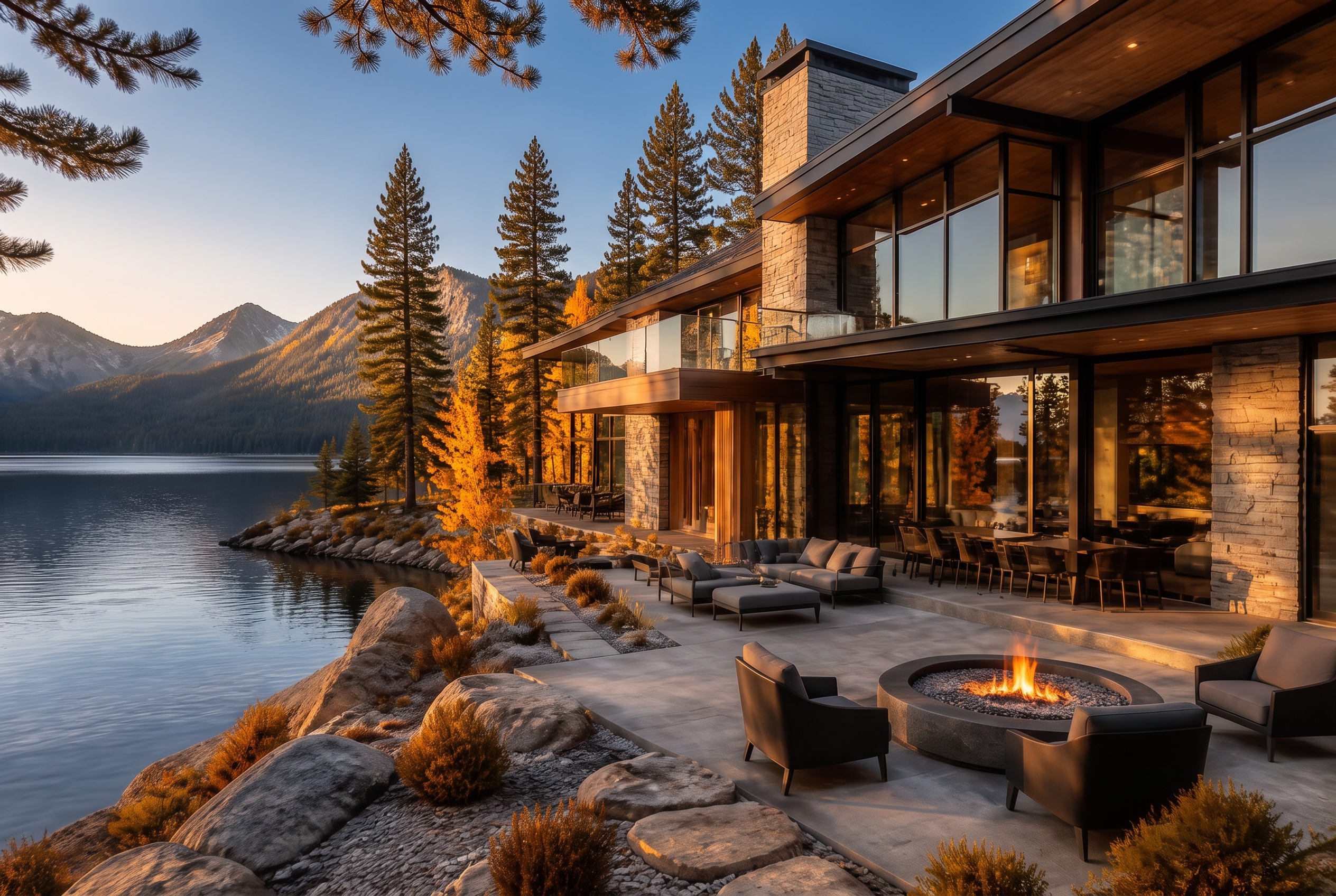 The same lakefront mountain home in autumn