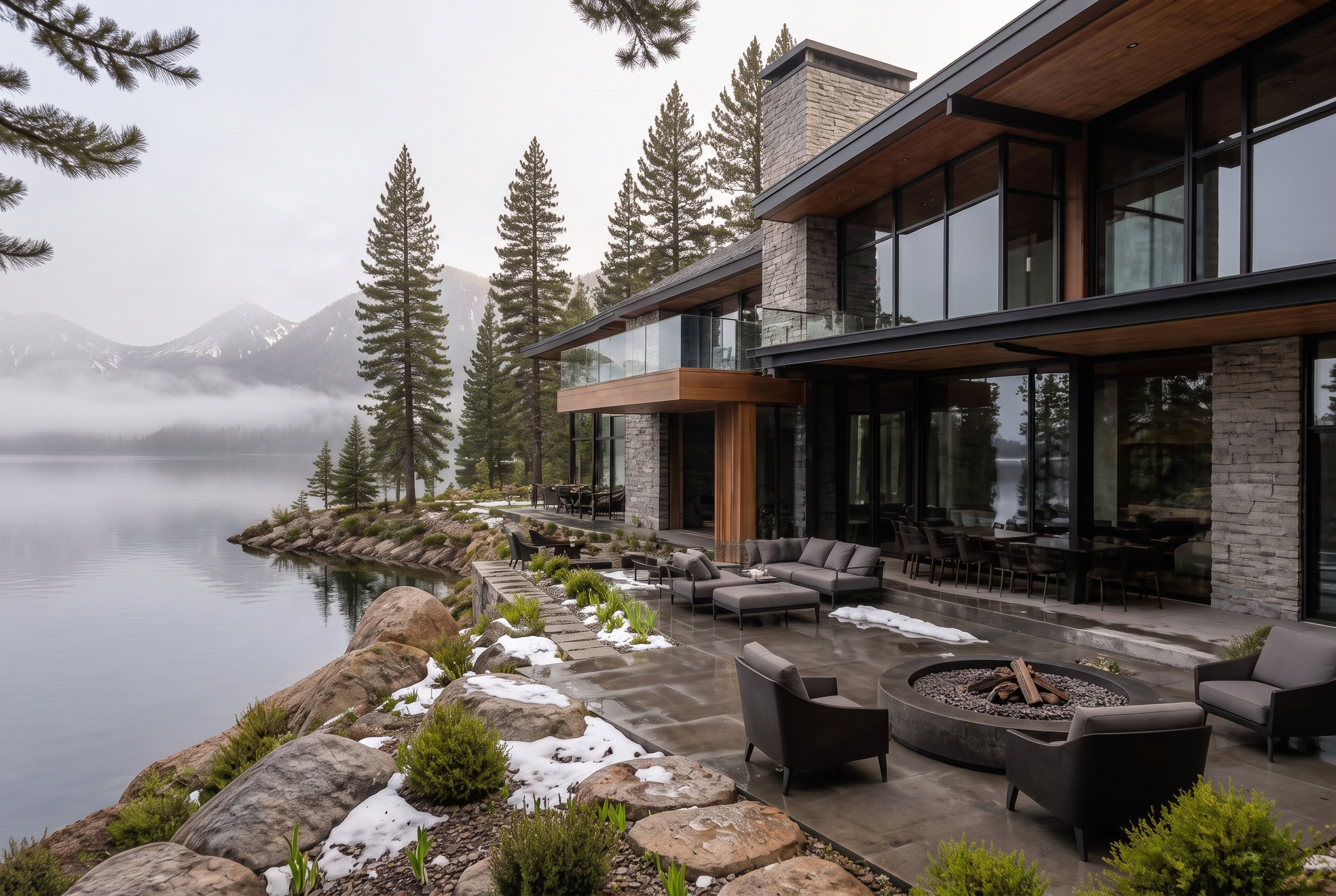 The same lakefront mountain home in spring