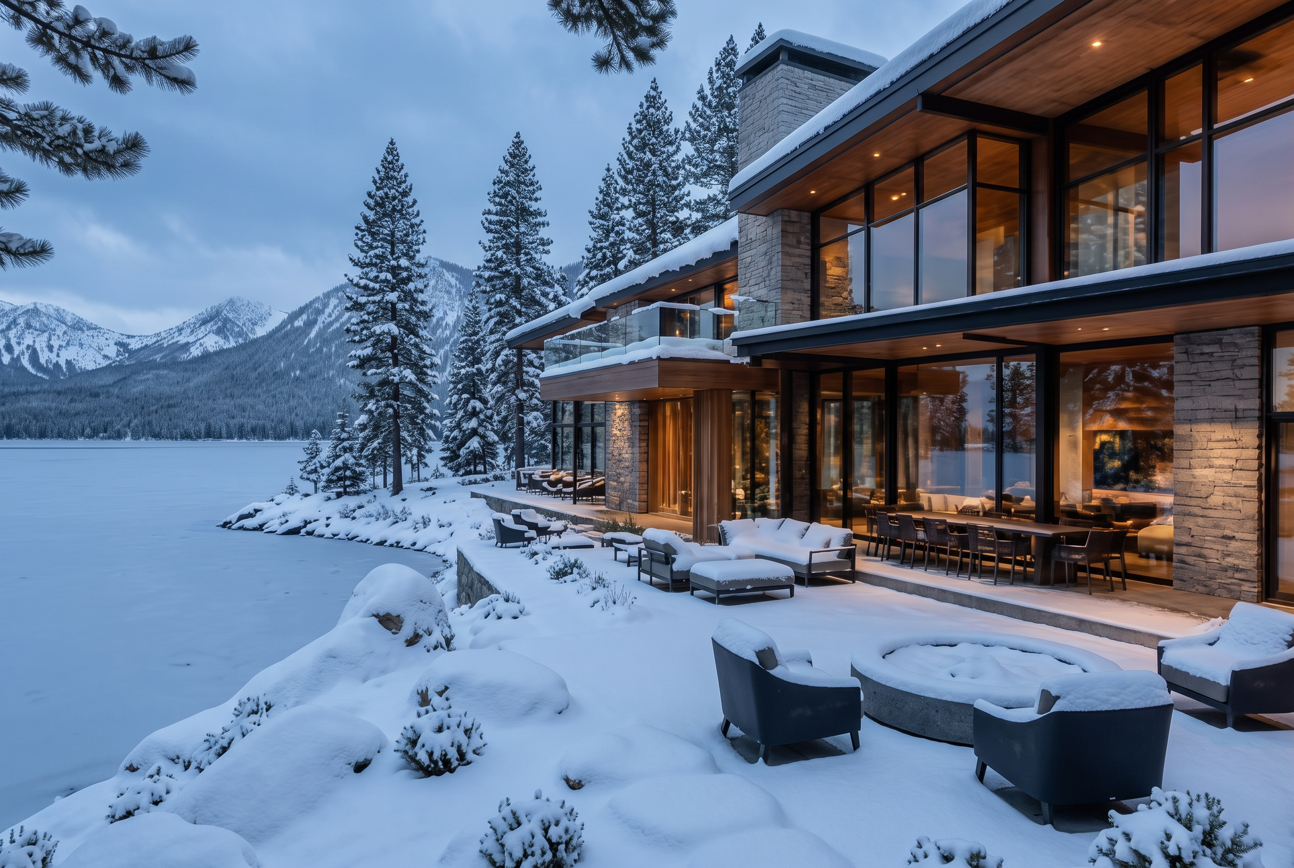 The same lakefront mountain home in winter